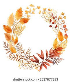 Colorful autumn leaf wreath isolated on white background vector design, rich warm hues of the fall season. Beautiful wreath composed of vibrant autumn leaves, elegantly arranged