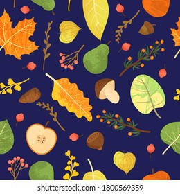 Colorful autumn leafs pattern in warm colors, seamless. Falls leaves background repeat. Trendy flat design with texture. Great for backgrounds, cards, gift wrapping paper, home decor.