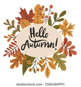 A colorful autumn leafy design with the words Hello Autumn! written in cursive. The design is playful and cheerful, with a focus on the beauty of the season