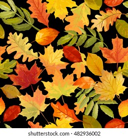 Colorful Autumn Leaves Background - Seamless Pattern - in Watercolor Style - Vector 