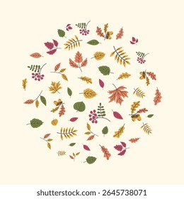 Colorido outono folhas bagas bolotas em composição de círculo. Plano de fundo desenhado à mão em estilo de doodle plano. Perfeito para design sazonal, cartões, impressões, embalagem, cartazes, mídias sociais, scrapbooking