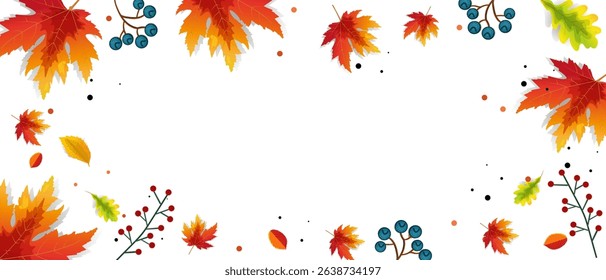 Colorful autumn leaves, berries and dots create a lively vector frame on a clean white background. Ideal for seasonal greetings, fall sales banners, or festive designs. Embrace the cozy spirit! Vector