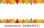 Colorful autumn leaves border decorated by yellow, orange and green leaves with copy space on white background.