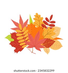 Colorful autumn leaves bouquet hand drawn illustration. Cartoon style flat design, isolated vector. Kids fall print, seasonal decorative element, plants, foliage, nature