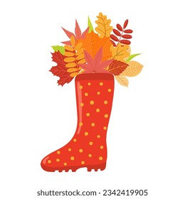 Colorful autumn leaves bouquet in rubber boot hand drawn illustration. Cartoon style flat design, isolated vector. Kids fall print, seasonal decorative element, plants, foliage, nature