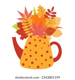 Colorful autumn leaves bouquet in tea pot hand drawn illustration. Cartoon style flat design, isolated vector. Kids fall print, seasonal decorative element, plants, foliage, nature