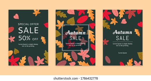 Colorful autumn leaves brochures set in flat style on dark background