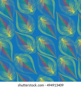 Colorful autumn leaves. Composition on a blue background. Seamless pattern for textiles, glass, trellis, wrapping paper.