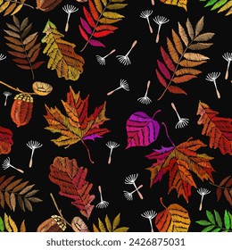 Colorful autumn leaves. Embroidery art. Fashionable template for design of clothes, t-shirt design. Fall forest background