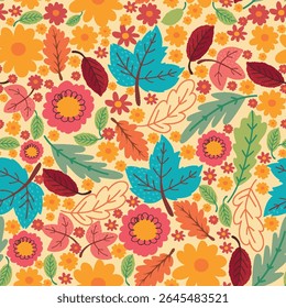 Colorful Autumn Leaves and Flowers in a Vintage Hand Drawn Style. Fall seamless pattern with retro colors and warm seasonal tones perfect for cards, patterns, print, web