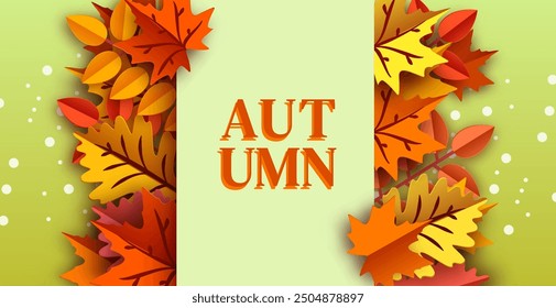 Colorful autumn leaves frame a vertical banner with "Autumn" text. Vector Illustration.