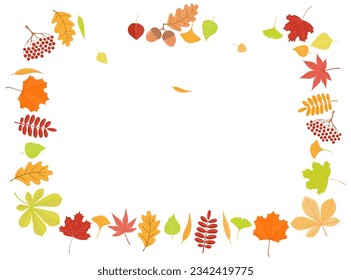 Colorful autumn leaves frame, wreath, border hand drawn illustration. Cartoon style flat design, isolated vector. Kids fall print, seasonal decorative element, plants, foliage, nature