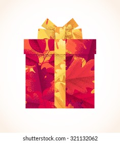 Colorful autumn leaves gift box with ribbon and bow. Retro vector illustration 