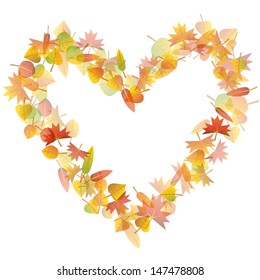 Colorful autumn leaves heart on white background illustration