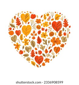 Colorful autumn leaves in heart shape. Fall nature elements for decor. Flat vector illustration isolated on white background. svg