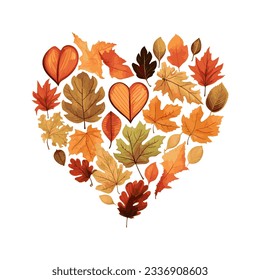 Hojas de otoño coloridas en forma de corazón. La decoración es de naturaleza otoñal. Ilustración vectorial plana aislada en fondo blanco.