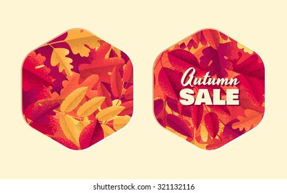 Colorful autumn leaves hexagonal labels set. Retro vector design elements. Place for your text