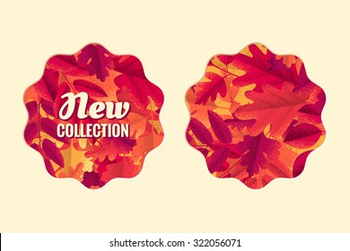 Colorful autumn leaves labels set. Retro vector design elements. New collection. Place for your text