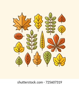 Colorful autumn leaves line icons set. Tree leaf logo, symbol. Fall design element.