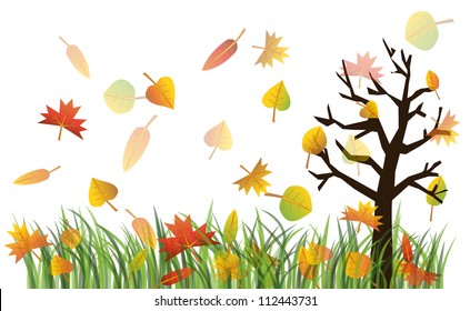 Colorful autumn leaves on the green grass and tree illustration