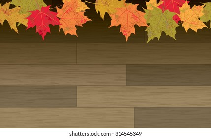 Colorful autumn leaves on a hardwood plank background. Vector EPS 10.