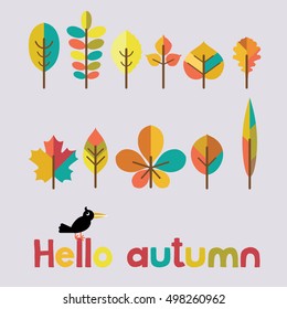 Colorful autumn leaves on purple background. Vector illustration. Raven icon.