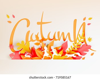Colorful Autumn leaves with paper art style and beautiful pastel color scheme background vector illustration