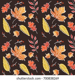Colorful autumn leaves pattern over dark background. Vector illustration