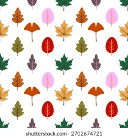 Colorful autumn leaves pattern with various shapes and warm tones on white background