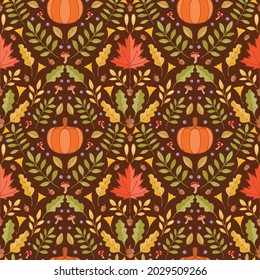 Colorful autumn leaves and pumpkin Double medallion motif seamless pattern background