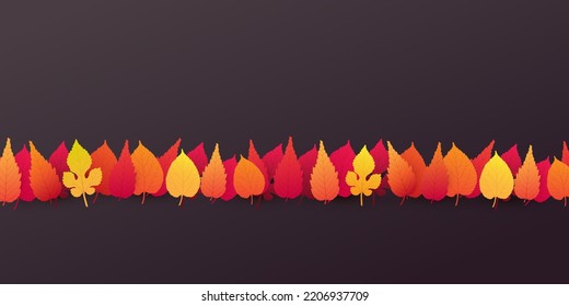 Colorful Autumn Leaves in a Row on Brown Background - Advertising Design Template Decorated with Fallen Red, Golden and Brown Leaves in Line - Multi Purpose Design with Copyspace, Room for Your Text