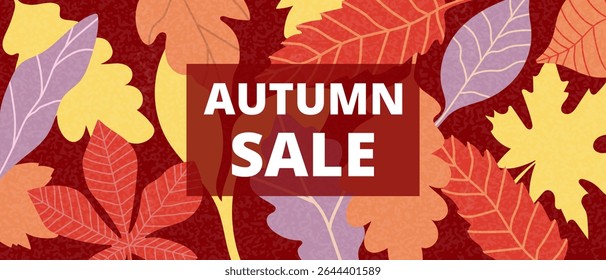 Colorful autumn leaves with an autumn sale text box. Seasonal fall marketing template for discount promotions and advertising. Vector