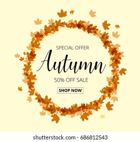 Colorful autumn leaves and sale text. Fall season background. Vector illustration EPS10.