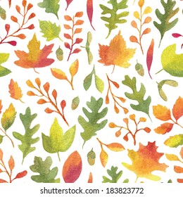 Colorful autumn leaves seamless pattern. Vectorized watercolor painting.