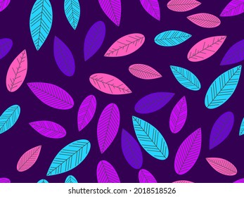 Colorful autumn leaves seamless pattern. Purple, pink and blue leaves. Falling leaves. Background for printing on paper, banners and promotional items. Vector illustration