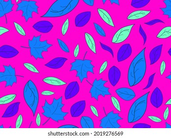 Colorful autumn leaves seamless pattern. Purple, pink and blue leaves. Falling leaves. Background for printing on paper, banners and promotional items. Vector illustration