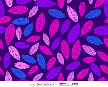 Colorful autumn leaves seamless pattern. Purple, pink and blue leaves. Falling leaves. Background for printing on paper, banners and promotional items. Vector illustration