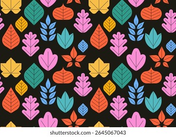 Colorful autumn leaves seamless pattern for wrapping paper and packaging design. Hello autumn seasonal concept with simple geometrical leaf icons.
