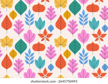 Colorful autumn leaves seamless pattern for wrapping paper and packaging design. Hello autumn seasonal concept with simple geometrical leaf icons.