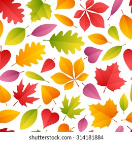 Colorful Autumn Leaves Seamless Pattern. Isolated on white background.