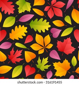 Colorful Autumn Leaves Seamless Pattern on Dark. Clipping paths included in JPG file.