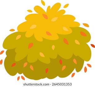 Colorful autumn leaves swirling and falling around a stylized bush adorned in vibrant green and yellow hues, capturing the enchanting beauty of the fall season