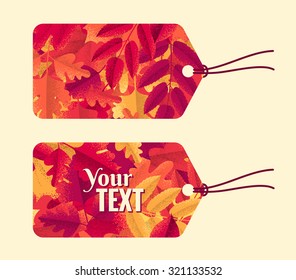 Colorful autumn leaves tags set. Retro vector design elements. Place for your text