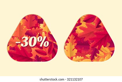 Colorful autumn leaves triangular labels set. Retro vector design elements. Place for your text