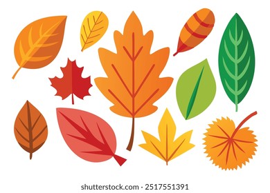 Colorful autumn leaves in various shapes, showcasing the vibrant hues of fall in a clipart style isolated flat vector illustration on white background