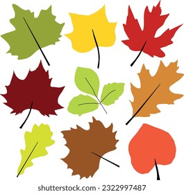 Farbige Herbstblätter in Vektorgrafik für Design-Muster, Karten, Einladungen, Web-Design. Herbstvektor. Leaf-Symbole in den Farben Gelb, Rot, Braun, Grün. 