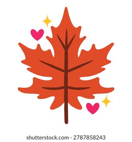 A colorful autumn maple leaf illustration with pink hearts and sparkling stars isolated on white.