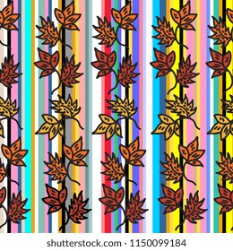 Colorful autumn maple leaves drawing seamless pattern. Seasonal multicolor fashion for women clothing and textile.