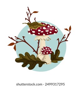 Colorful autumn mushrooms with dry branches, oak leaves. Vector graphics.