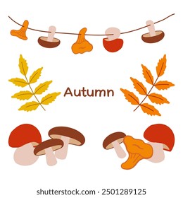 Colorful autumn mushrooms and leaves displayed on a string against a white background